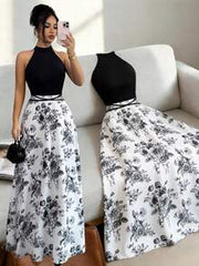 Elenzga Women's Summer New Arrival French Patchwork Sleeveless Dress, Unique Design Printed Halter Neck Contrast Color Fitted Cinched Waist Dress