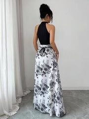 Elenzga Women's Summer New Arrival French Patchwork Sleeveless Dress, Unique Design Printed Halter Neck Contrast Color Fitted Cinched Waist Dress