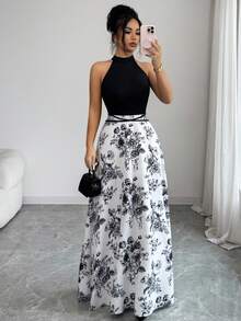 Elenzga Women's Summer New Arrival French Patchwork Sleeveless Dress, Unique Design Printed Halter Neck Contrast Color Fitted Cinched Waist Dress