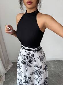 Elenzga Women's Summer New Arrival French Patchwork Sleeveless Dress, Unique Design Printed Halter Neck Contrast Color Fitted Cinched Waist Dress