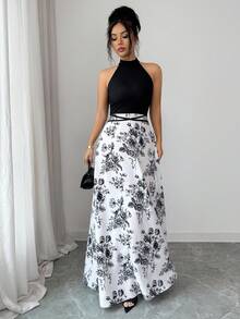 Elenzga Women's Summer New Arrival French Patchwork Sleeveless Dress, Unique Design Printed Halter Neck Contrast Color Fitted Cinched Waist Dress