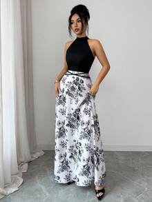Elenzga Women's Summer New Arrival French Patchwork Sleeveless Dress, Unique Design Printed Halter Neck Contrast Color Fitted Cinched Waist Dress