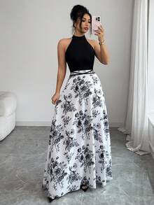 Elenzga Women's Summer New Arrival French Patchwork Sleeveless Dress, Unique Design Printed Halter Neck Contrast Color Fitted Cinched Waist Dress