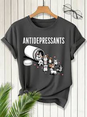 Cute Dog "Anti-Depressant" Printed Round Neck Short Sleeve T-Shirt
