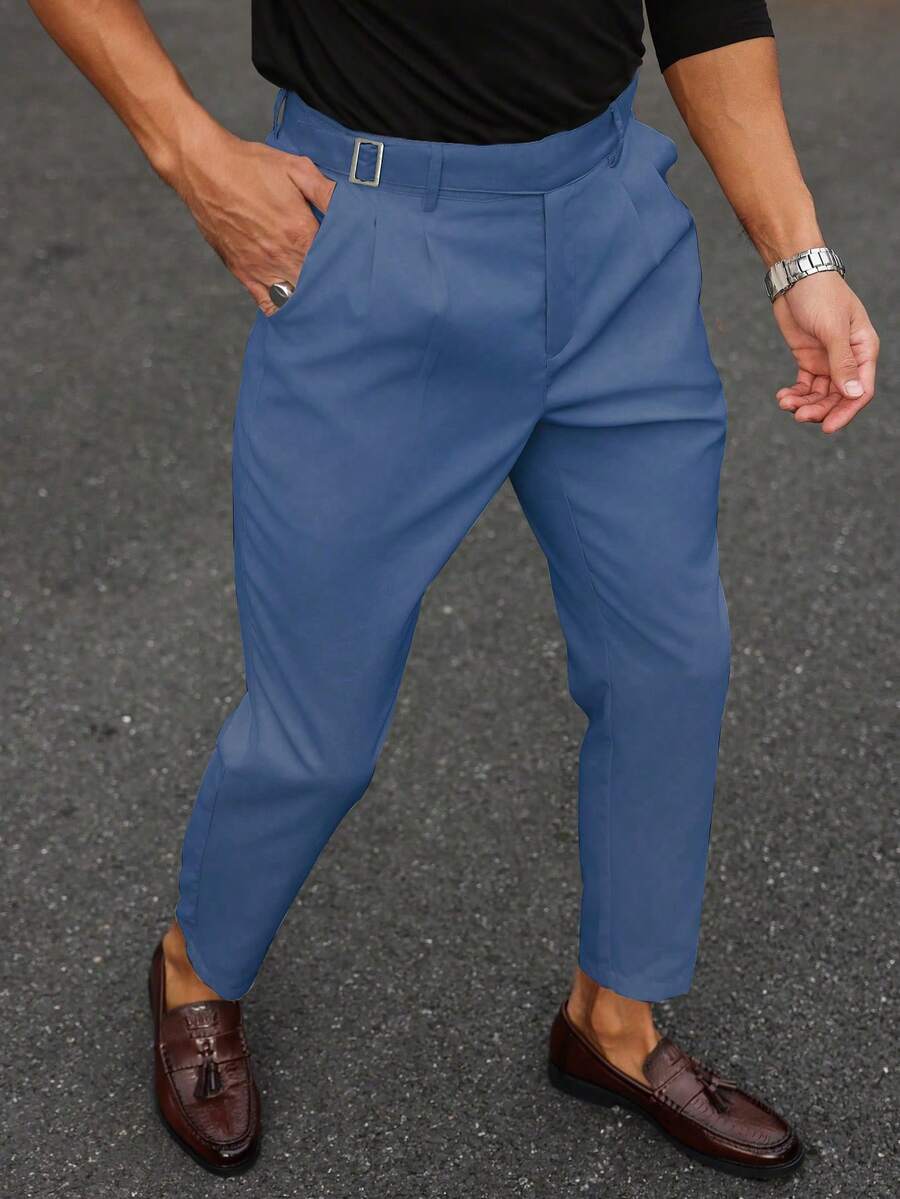 Muške svečane pantalone od odela jednobojne sa dizajnom kopče na struku, džepovima i suženim nogavicama
