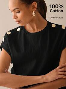 Lilora Women Metal Button Short Sleeve Casual Elegent Elegant T-Shirt,100 Cotton Black Gold Summer Outfits,Office Everyday Modern Tops Blouses For Ladies