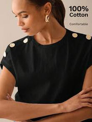Lilora Women Metal Button Short Sleeve Casual Elegent Elegant T-Shirt,100 Cotton Black Gold Summer Outfits,Office Everyday Modern Tops Blouses For Ladies