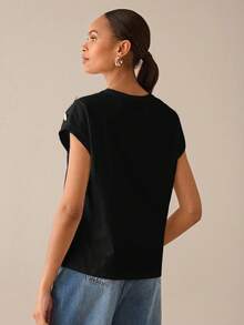Lilora Women Metal Button Short Sleeve Casual Elegent Elegant T-Shirt,100 Cotton Black Gold Summer Outfits,Office Everyday Modern Tops Blouses For Ladies