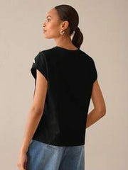 Lilora Women Metal Button Short Sleeve Casual Elegent Elegant T-Shirt,100 Cotton Black Gold Summer Outfits,Office Everyday Modern Tops Blouses For Ladies
