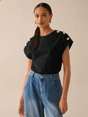 Lilora Women Metal Button Short Sleeve Casual Elegent Elegant T-Shirt,100 Cotton Black Gold Summer Outfits,Office Everyday Modern Tops Blouses For Ladies