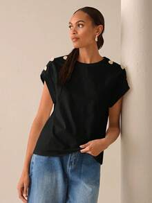 Lilora Women Metal Button Short Sleeve Casual Elegent Elegant T-Shirt,100 Cotton Black Gold Summer Outfits,Office Everyday Modern Tops Blouses For Ladies
