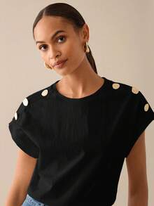 Lilora Women Metal Button Short Sleeve Casual Elegent Elegant T-Shirt,100 Cotton Black Gold Summer Outfits,Office Everyday Modern Tops Blouses For Ladies