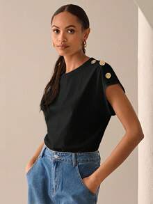Lilora Women Metal Button Short Sleeve Casual Elegent Elegant T-Shirt,100 Cotton Black Gold Summer Outfits,Office Everyday Modern Tops Blouses For Ladies