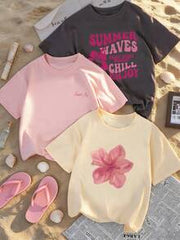 3pcs/Set Cute Floral Printed Daily Casual Round Neck Short Sleeve T-Shirt, Simple And Fashionable For Women Summer