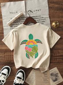 Women's Tropical Sea Turtle Print Loose Casual Round Neck Short Sleeve Vacation Top, Summer