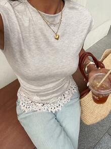Serisse Women's Elegant Light Grey Summmer Round Neck Cap Sleeve Fitted T-Shirt,Contrast Lace Embroidery Ruffle Hem Blouse,Versatile Brunch Beach Tops