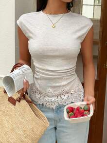 Serisse Women's Elegant Light Grey Summmer Round Neck Cap Sleeve Fitted T-Shirt,Contrast Lace Embroidery Ruffle Hem Blouse,Versatile Brunch Beach Tops
