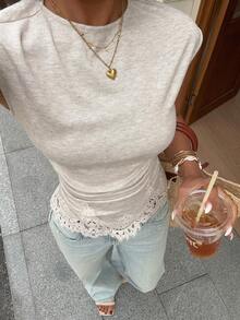 Serisse Women's Elegant Light Grey Summmer Round Neck Cap Sleeve Fitted T-Shirt,Contrast Lace Embroidery Ruffle Hem Blouse,Versatile Brunch Beach Tops