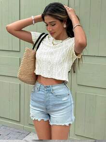 Serisse Vacation Casual Plain Textured Butterfly Decor Hollow Back T-Shirt, Back Top School Summer Holiday Resort