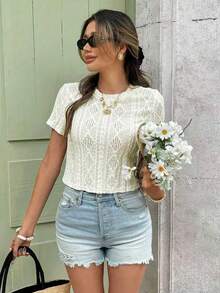 Serisse Vacation Casual Plain Textured Butterfly Decor Hollow Back T-Shirt, Back Top School Summer Holiday Resort