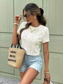 Serisse Vacation Casual Plain Textured Butterfly Decor Hollow Back T-Shirt, Back Top School Summer Holiday Resort