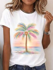 EMERY ROSE Women's Palm Tree Pattern Casual Round Neck Short Sleeve T-Shirt, Summer