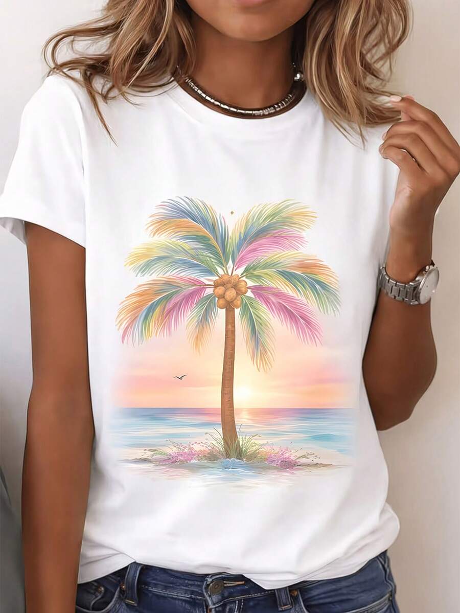 EMERY ROSE Women's Palm Tree Pattern Casual Round Neck Short Sleeve T-Shirt, Summer