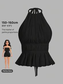 SHEIN PETITE Women's Pleated Halter Neckline Waist-Tied Backless Tank Top