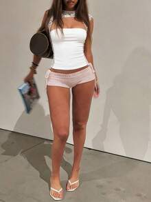 Women's Lace Waist Tie Top, Short Sleeve White Top, Puerto Rico Vacation Outfit Summer