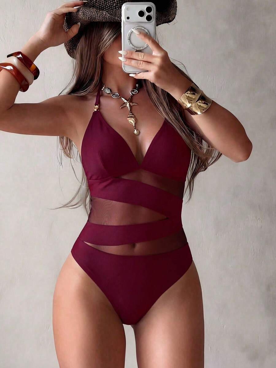 Ženski Seksi V-Izrez Metalik Dekor Prozirni Jednodelni Kupaći