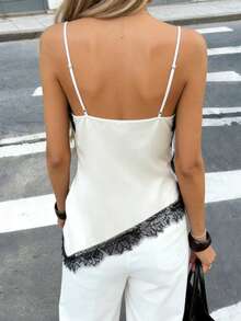Women's Soft Satin V-Neck Asymmetric Lace Trim Hem Fitted Camisole Top