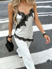 Women's Soft Satin V-Neck Asymmetric Lace Trim Hem Fitted Camisole Top