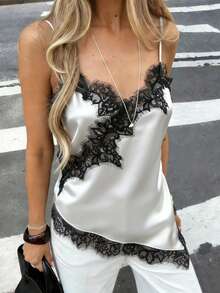 Women's Soft Satin V-Neck Asymmetric Lace Trim Hem Fitted Camisole Top