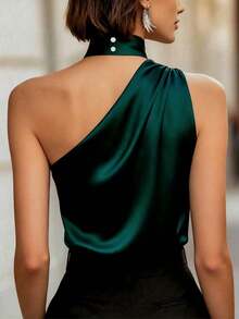 Women's Elegant Solid Color Asymmetric Neck Camisole, Suitable For Evening Dates And Valentine's Day, Spring/Summer Casual