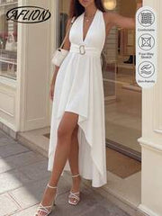 Aflion Women's White Solid Color Spaghetti Strap V-Neck Sleeveless Waist Metal Ring Tie Back Asymmetric Hem Midi Dress