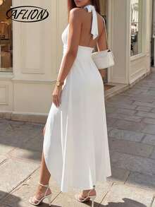 Aflion Women's White Solid Color Spaghetti Strap V-Neck Sleeveless Waist Metal Ring Tie Back Asymmetric Hem Midi Dress