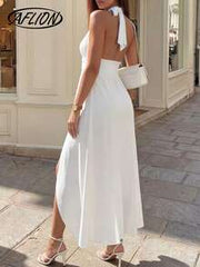 Aflion Women's White Solid Color Spaghetti Strap V-Neck Sleeveless Waist Metal Ring Tie Back Asymmetric Hem Midi Dress