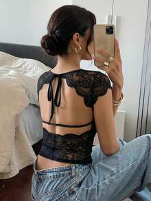 Firerie Women's Black Lace Patchwork Backless Fitted T-Shirt