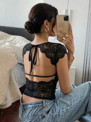 Firerie Women's Black Lace Patchwork Backless Fitted T-Shirt
