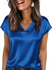 Solid Color V-Neck Tie Sleeve Women's Satin T-Shirt, Spring/Summer Silk Blouse, Beach Vacation Short Sleeve, Business Casual Party Essential, Mother's Day Gift, Size S-XXL