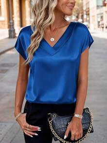 Solid Color V-Neck Tie Sleeve Women's Satin T-Shirt, Spring/Summer Silk Blouse, Beach Vacation Short Sleeve, Business Casual Party Essential, Mother's Day Gift, Size S-XXL
