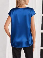 Solid Color V-Neck Tie Sleeve Women's Satin T-Shirt, Spring/Summer Silk Blouse, Beach Vacation Short Sleeve, Business Casual Party Essential, Mother's Day Gift, Size S-XXL