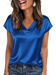 Solid Color V-Neck Tie Sleeve Women's Satin T-Shirt, Spring/Summer Silk Blouse, Beach Vacation Short Sleeve, Business Casual Party Essential, Mother's Day Gift, Size S-XXL