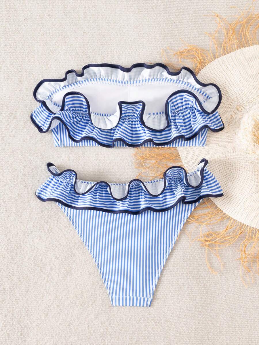 Ženski kupaći  Plava Prugasta Tkanina Talasasti Ruffles Trim
