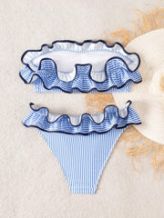 Ženski kupaći  Plava Prugasta Tkanina Talasasti Ruffles Trim