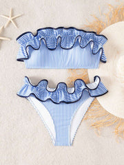 Ženski kupaći  Plava Prugasta Tkanina Talasasti Ruffles Trim