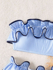 Ženski kupaći  Plava Prugasta Tkanina Talasasti Ruffles Trim