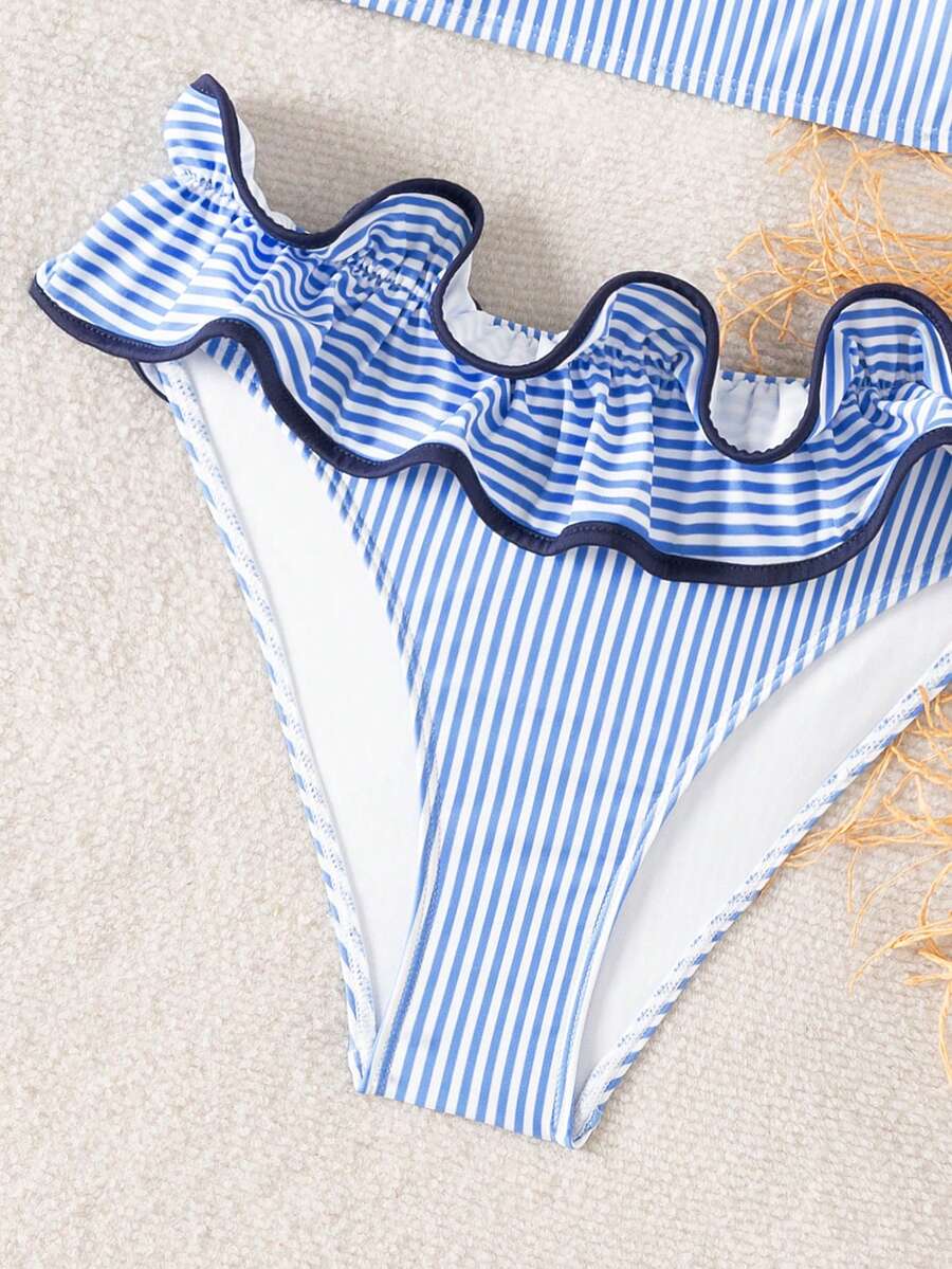 Ženski kupaći  Plava Prugasta Tkanina Talasasti Ruffles Trim