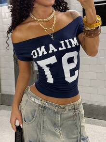 StreetHx Women's Summer Off-Shoulder T-Shirt, MILANO 97 Number, Y2K Punk Style Rolled Hem Cut-Out Short Sleeve Crop Top, Navy Blue