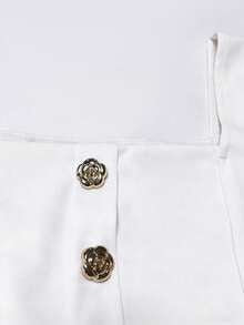 Franclia Women's Square Neck Front Button Decorated Short Sleeve T-Shirt,Business Casual Elegant White Gold Summer Ellegant Holiday Tea Party Holiday Blouse